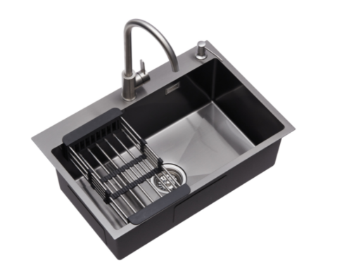 Nerezový drez s PVD technológiou Glacia Dark 68x45 cm + Sifón + Montážne úchyty na pracovnú dosku + Odkvapávací kôš + Dávkovač mydla